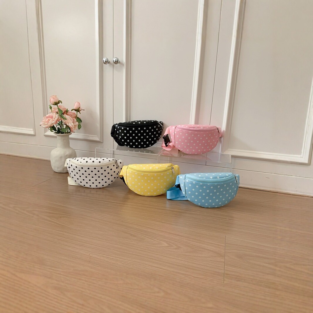 New macaron polka dot children's crossbody bag, cute girls' canvas waist bag, baby travel accessory small bag