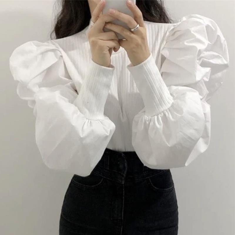 Korean Ins Early Autumn Palace Style Round Neck Threaded Splicing Design Cuffed Puff Sleeve Slim Shirt Top for Women