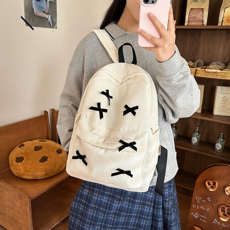 大容量双肩包女高颜值黑色少女蝴蝶结背包韩系慵懒风大学生书包|undefined