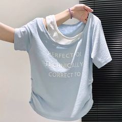 高级感假两件斜肩短袖t恤女2025夏季新款修身显瘦别致绝美小上衣