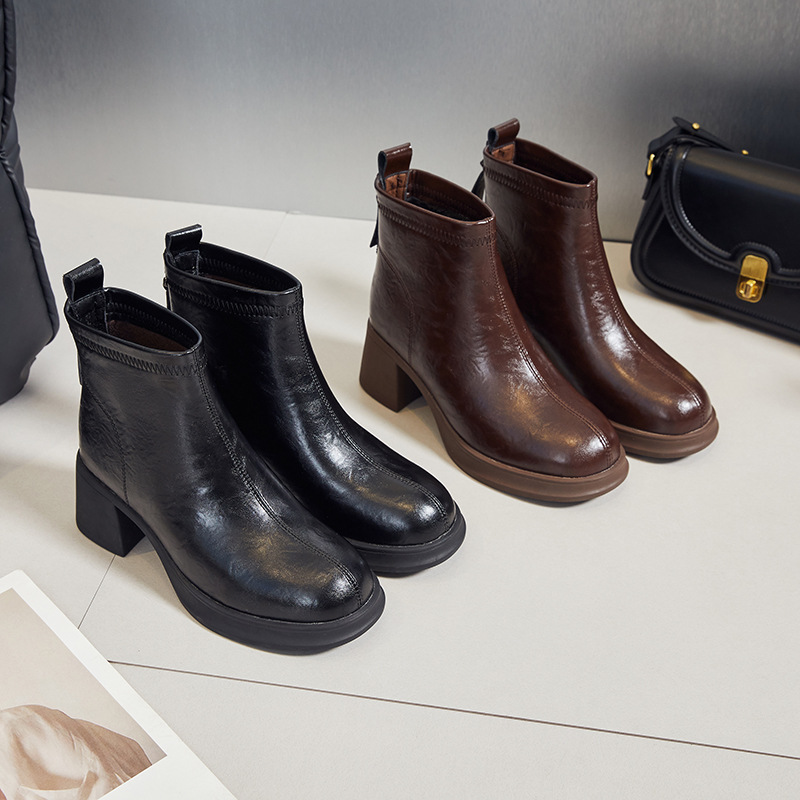 2025秋冬新品真皮厚底棕色短靴切尔西增高瘦瘦靴加绒时尚女鞋