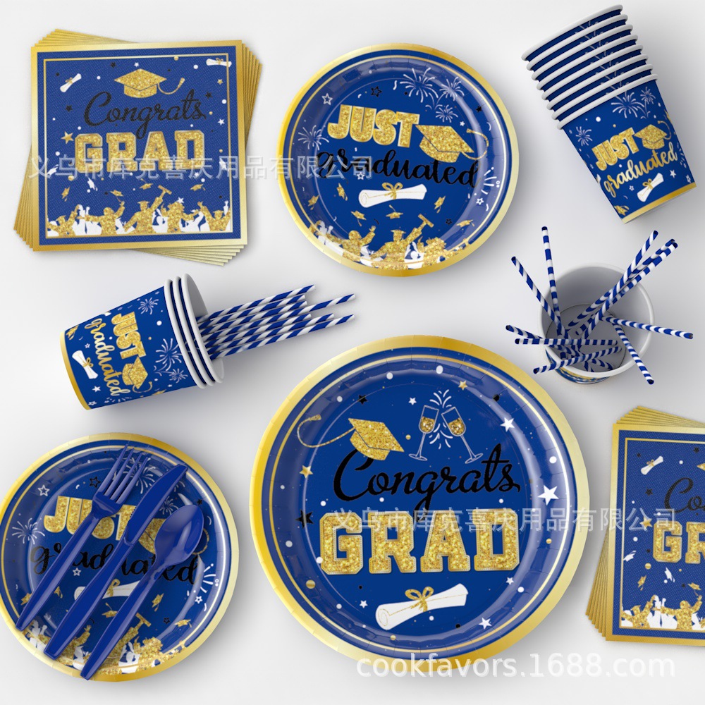 Temporada de graduación azul y oro transfronterizo decoración de fiesta de graduación bandeja de papel desechable tazas de papel toallas de papel cubiertos