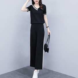 夏季运动套装女时尚气质显瘦短袖阔腿裤2022新款休闲服韩版两件套