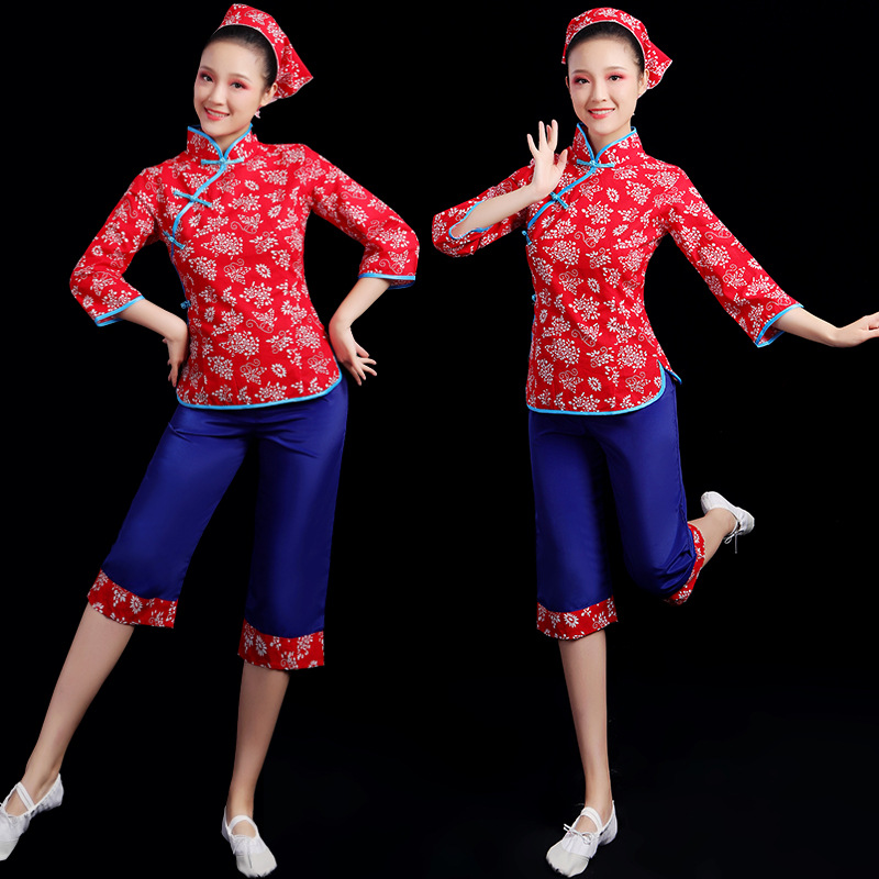 东北扭秧歌服演出服女2024新款村姑短袖中国风舞蹈服装大花套装