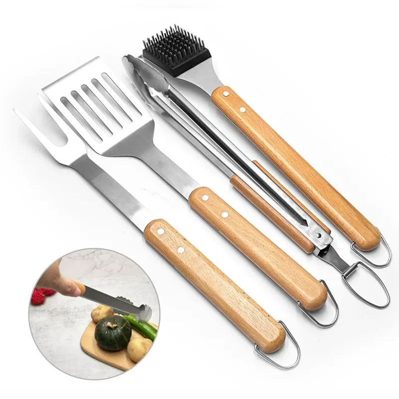 BBQ烧烤工具组合套装不锈钢烤具铲叉夹刷4件套亚马逊木柄户外工具