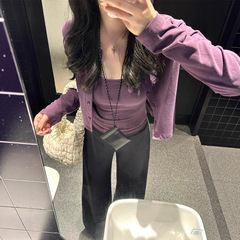 韩系辣妹紫色短款吊带背心针织开衫女2025秋季小个子两件套装上衣