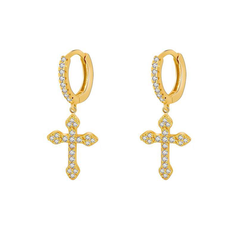 New Style Copper Inlaid Zircon Gold Plated Cross Pendant Earrings display picture 2