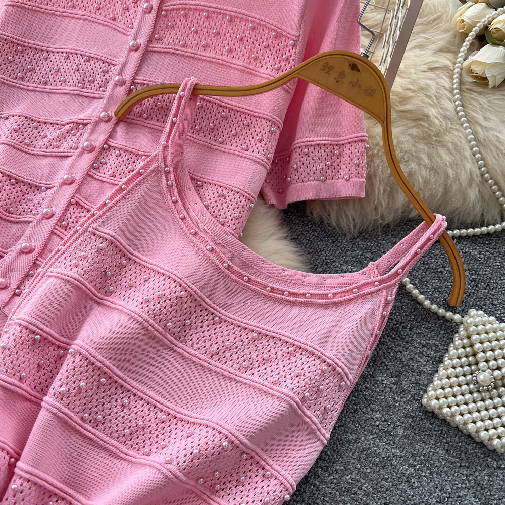 Women's Soft Pink Knit Two Piece Set Slim Fit Waist Cinching Fishtail Skirt Suit for Summer_ecoleips.com