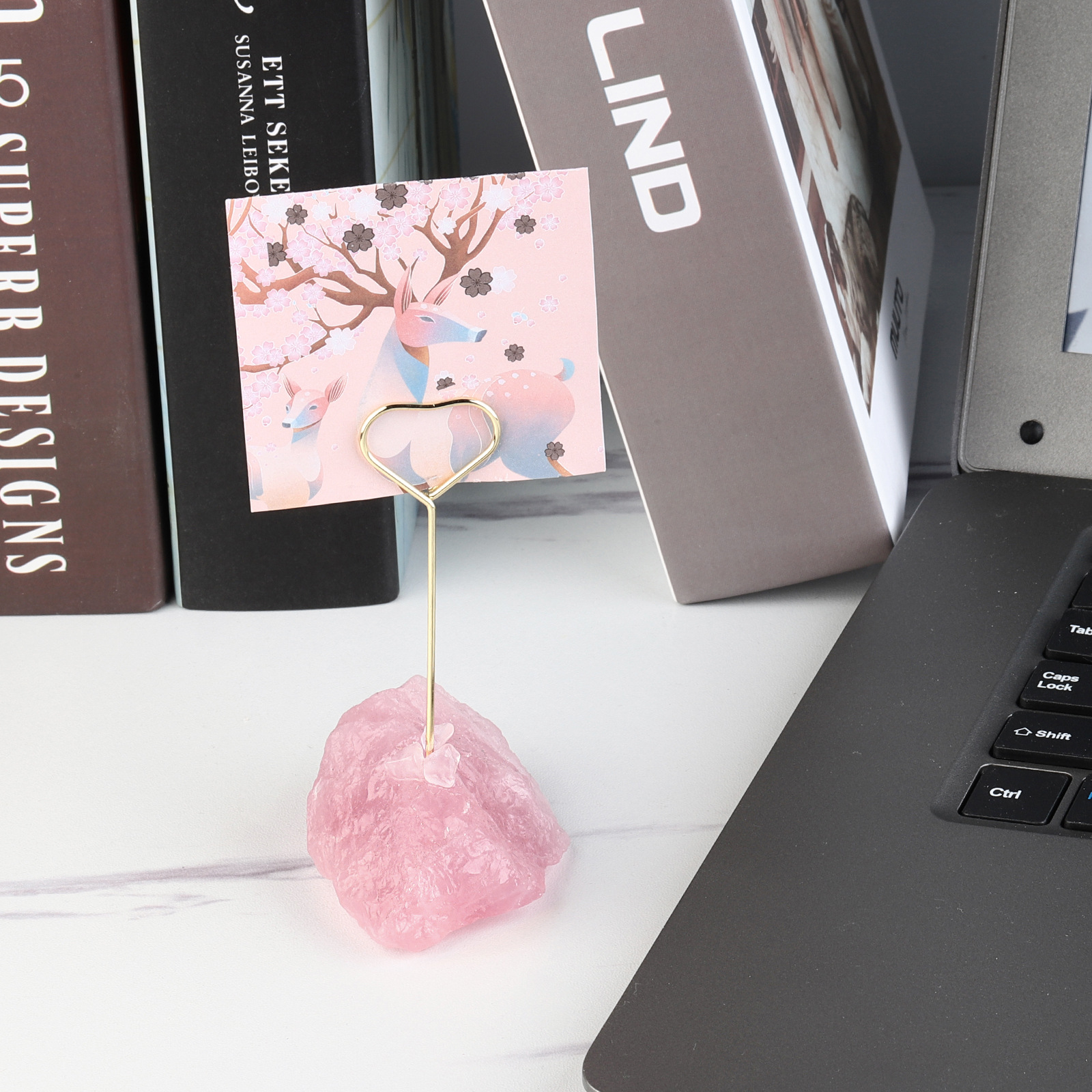 天然粉晶原石底创意金属图案便签夹 立式ins风简约卡片留言照片夹 undefined