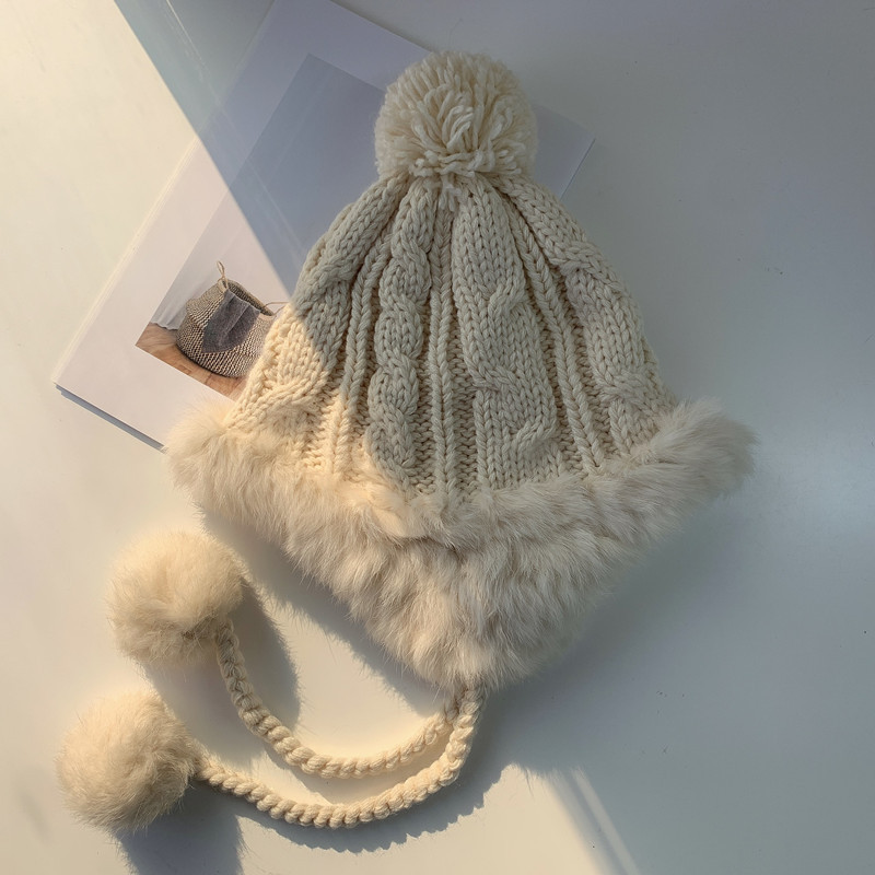 ウサギの毛の雷の前線の帽子の子供の秋冬の毛糸の帽子の韓国版の甘くてかわいい毛のボールの耳の保護とベルベットの保温のニットの帽子の潮