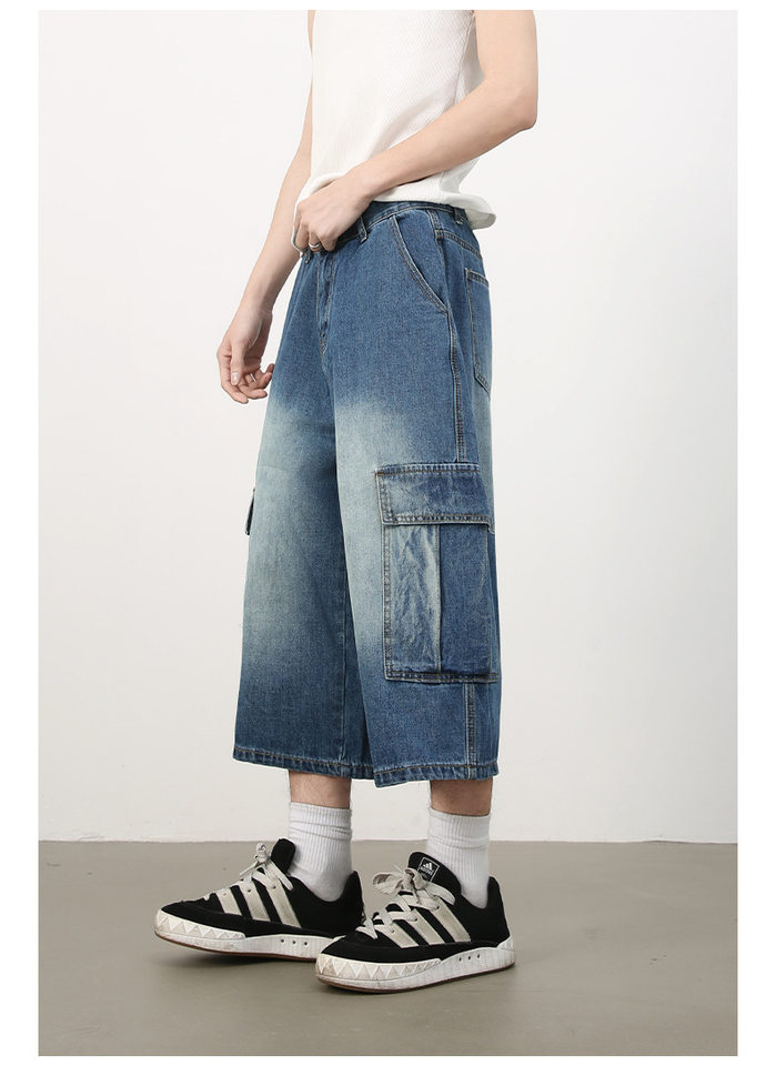 Quần short jean nam ống rộng nhiều túi phong cách hip-hop đường phố, quần lửng mùa hè — Màu xanh lam, Xanh lam làm cũ, Xanh lam nhạt chi tiết 7