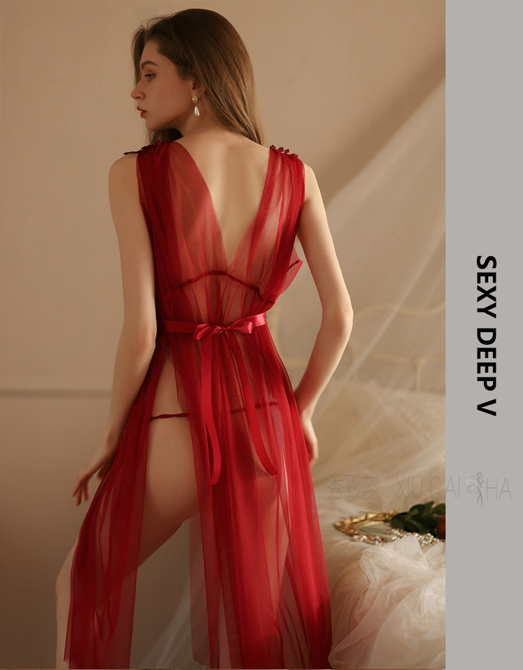 Sheer Mesh Babydoll Nightgown with Thong, Wine Red One Size — detail image 19