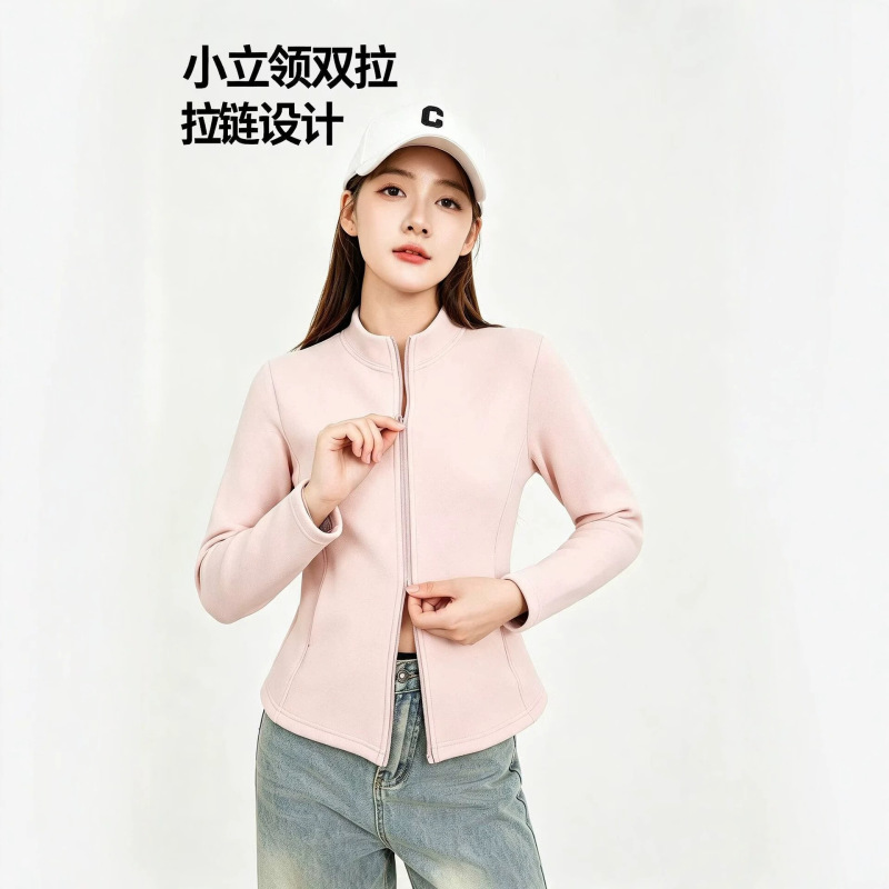 Padded fleece pocket slim-fit stand-up collar warm jacket, slim-fit solid color yoga double-zipper top, long-sleeved for autumn and winter Padded fleece pocket slim-fit stand-up collar warm jacket, slim-fit solid color yoga double-zipper top, long-sleeved for autumn and winter