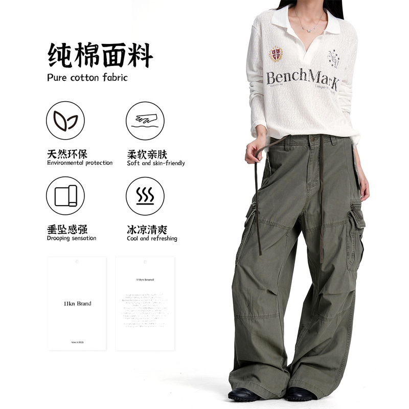 11KN American retro straight-leg work pants for men and women, loose fit, multi-pocket design, pleated casual wide-leg pants