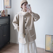 设计感赫本风毛衣外套女秋冬新款流苏围巾针织开衫中长款毛呢大衣