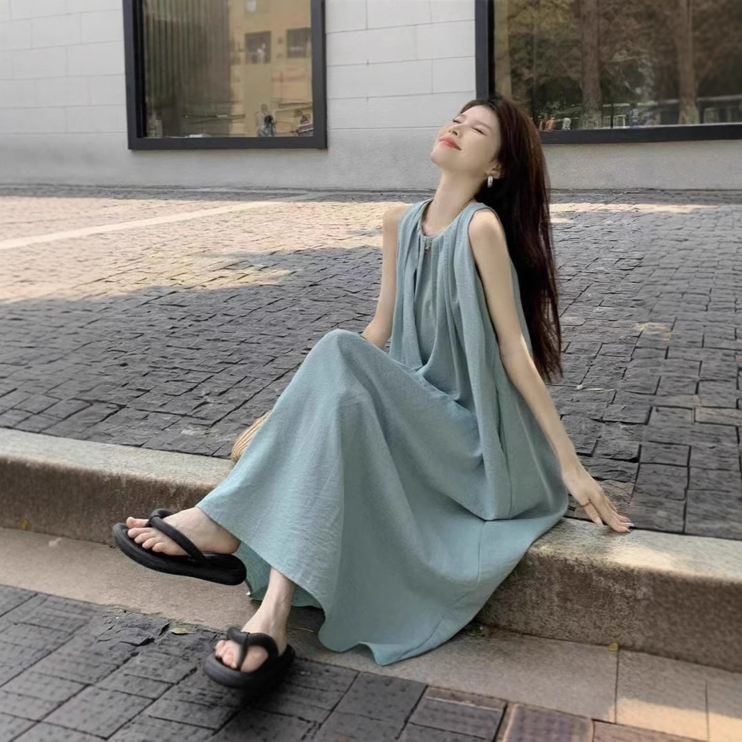 프랑스 스타일 모리 스타일 소매 없는 원피스 여성 여름 게으른 스타일 느슨한 조끼 긴 원피스 해변 해변 원피스