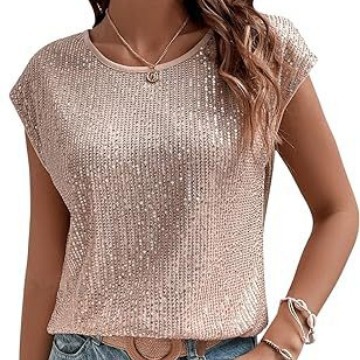 Cross-Border Foreign Trade 2025 New Women's Round-Neck Glitter Sequin Shirt Top Casual Cap Sleeve t