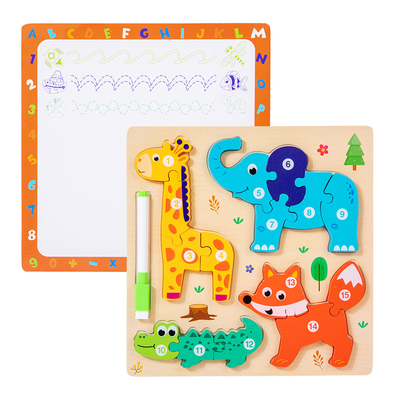 Tablero de rompecabezas de animales hecho a mano para bebés y niños, juguete de regalo de forma de rompecabezas cuatro en uno, madera de rompecabezas de educación temprana Montessori