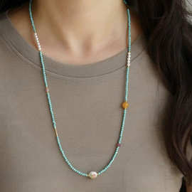 厂家新中式原矿绿松石毛衣链蜜蜡碧玺淡水珍珠手工串珠国风项直销