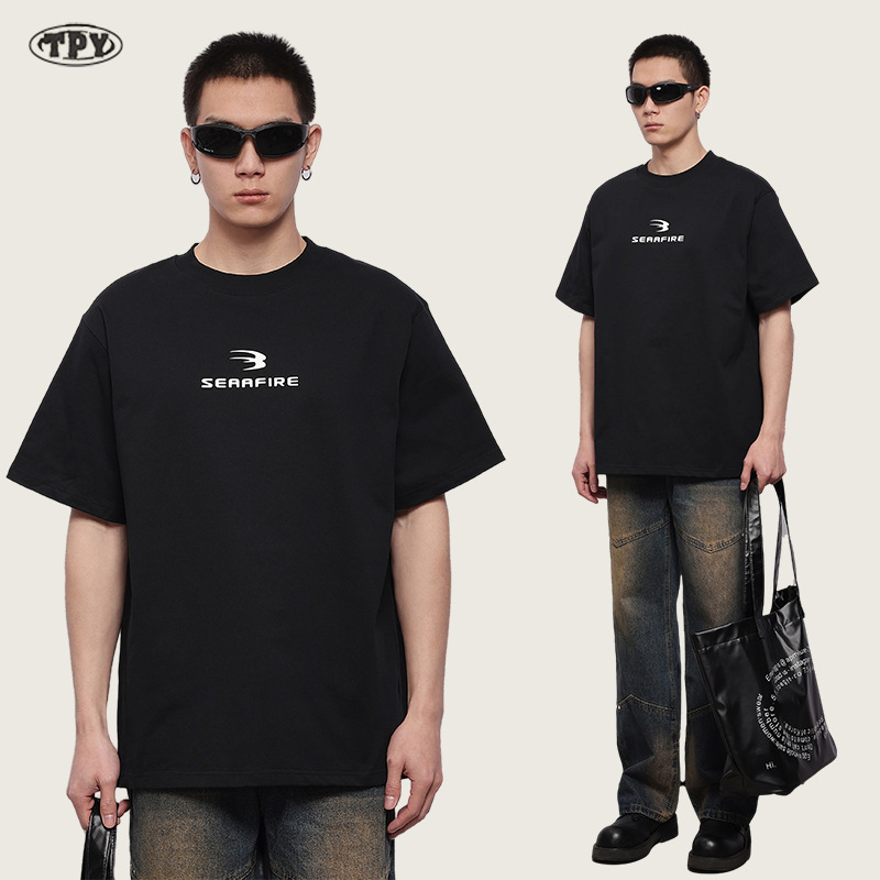 Qiaoshan 280g Retro Letter Print T-Shirt for Men, Summer Ins Trendy Street Style, Loose Short-Sleeve Top for Couples Qiaoshan 280g Retro Letter Print T-Shirt for Men, Summer Ins Trendy Street Style, Loose Short-Sleeve Top for Couples