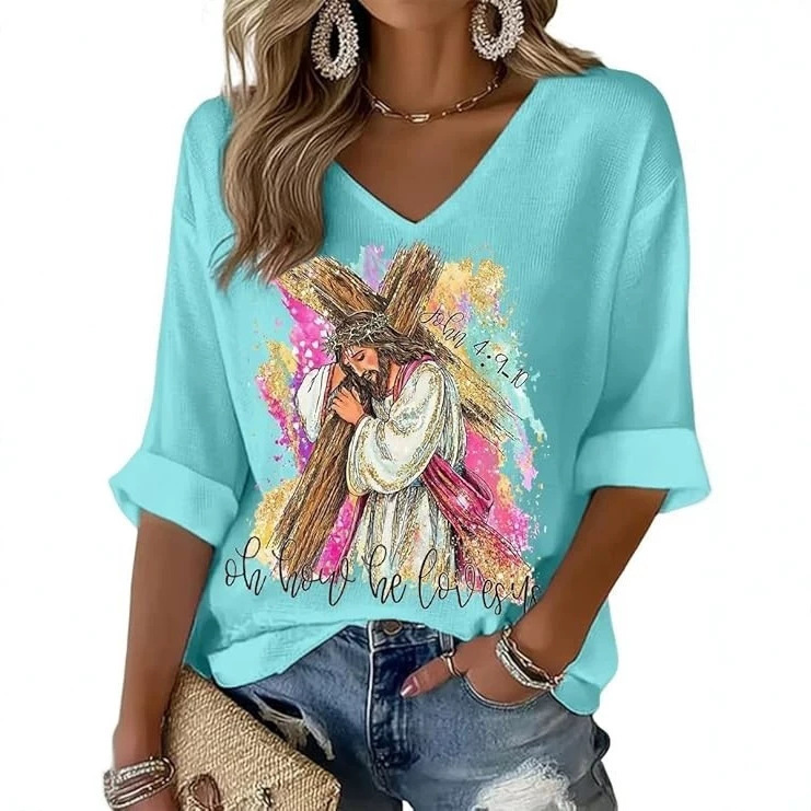2026 European and American cross-border Amazon independent waffle fabric women's casual fashion V-neck three-quarter sleeve T-shirt 2026 European and American cross-border Amazon independent waffle fabric women's casual fashion V-neck three-quarter sleeve T-shirt