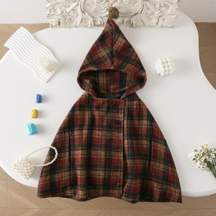 77330 Girl's Plaid Cloak Double-Sided Wool Coat Cute Western Style Cloak Warm Winter Coat
