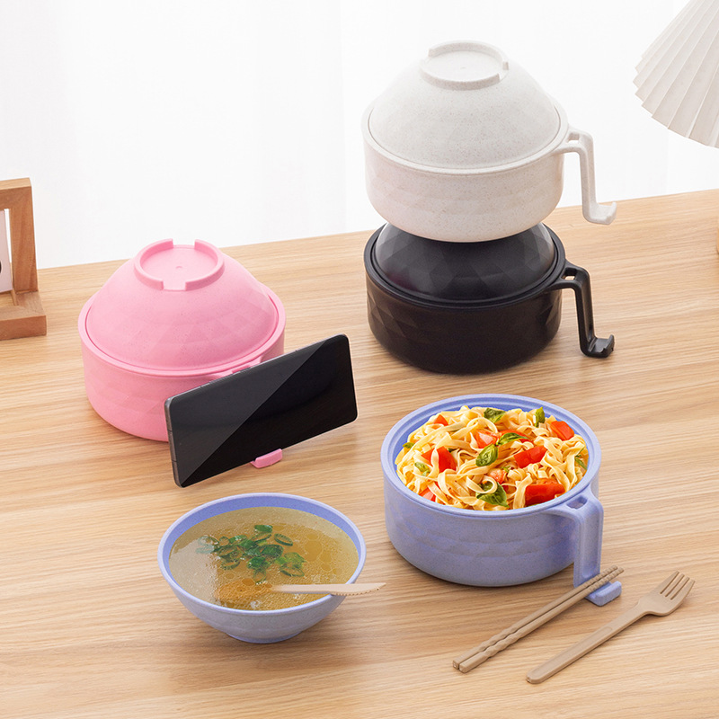 Wheat Straw Bowl with Lid, Drainable, Student Dormitory Portable Instant Noodle Bowl Set, Large Capacity Portable Tableware