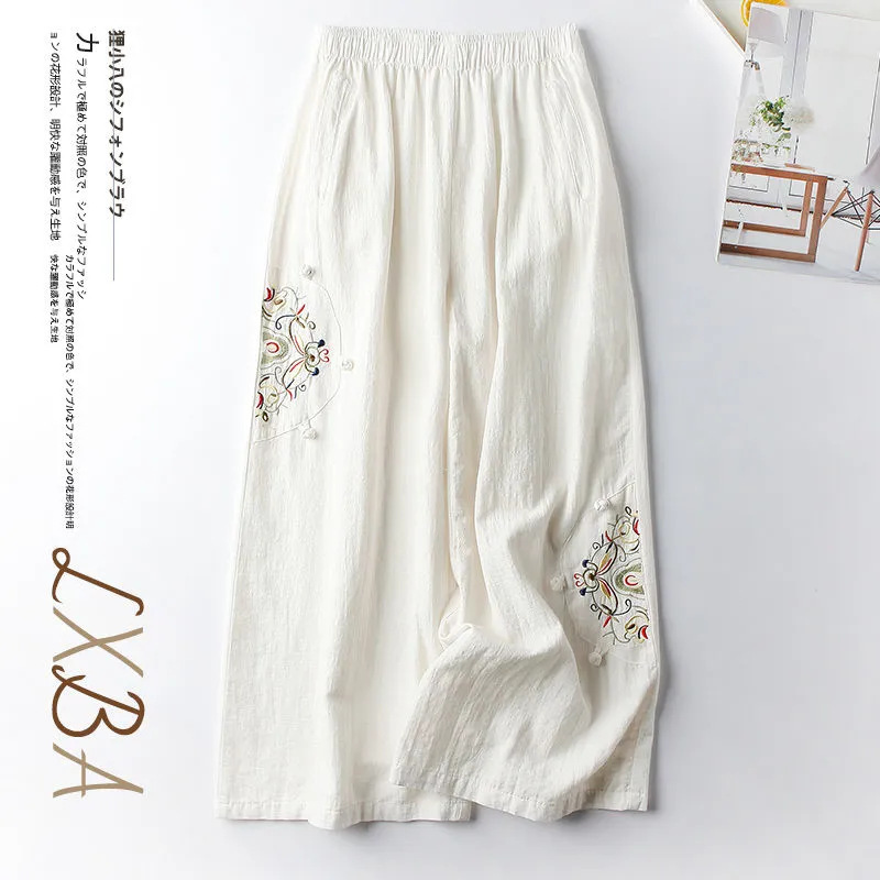 Cotton and Linen Casual Pants Women's Pants Spring and Summer Thin Vintage Ethnic Style Embroidered Wide Leg Pants All-match Slimming Ankle-length Pants Women's Trendy