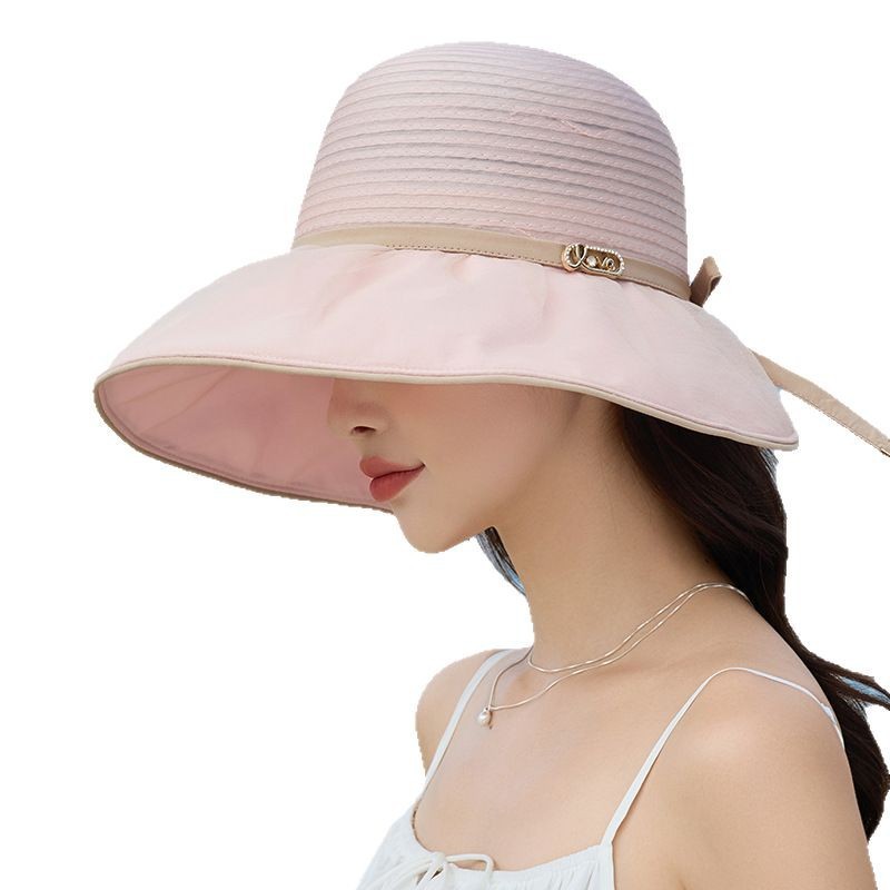 Elegante temperamento superior sombrero protector solar ergena transpirable sombrero de sol de borde grande sombrero de sol de color sólido para mujeres empalmadas arco sombrero de sol