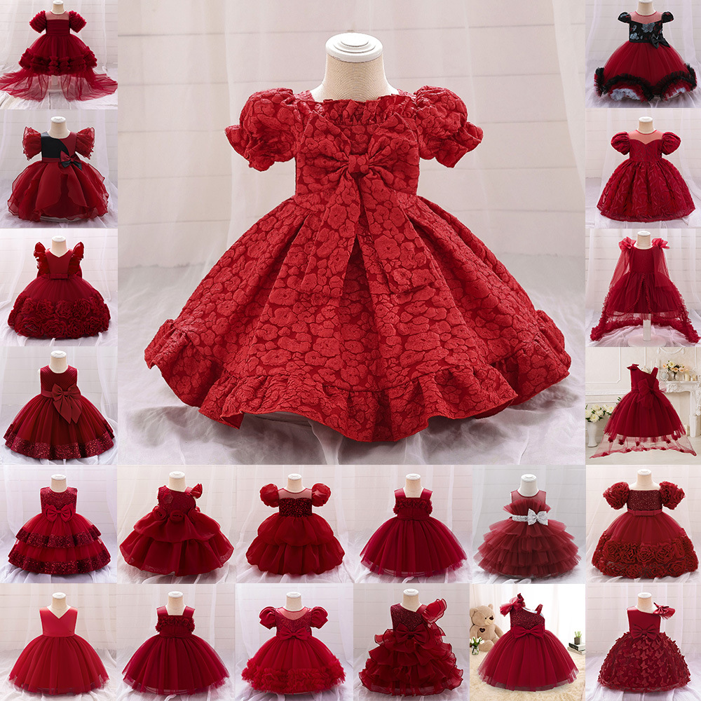 Vesta de princesa de niña transfronteriza, vestido de princesa de red rojo de Año Nuevo, vestido de cumpleaños para niños de 100 años
