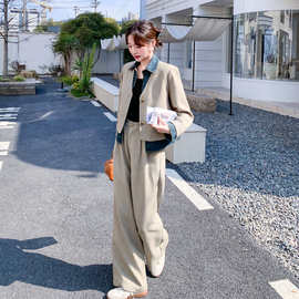 设计感牛仔拼接假两件上衣套装女轻熟风2026春季新款阔腿裤两件套