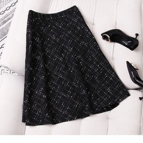 chanel style skirt for women's autumn and winter retro high waist black woolen plaid medium long umbrella skirt for children