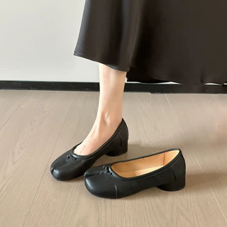 羊皮版~2026新款Tabi分趾鞋女中跟5cm褶皱芭蕾舞鞋粗跟浅口单鞋女
