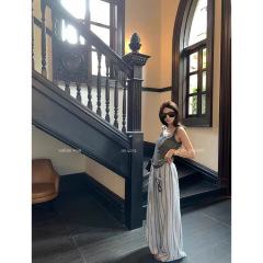 Ouyang ストライプカジュアルパンツ女性の夏薄いルーズワイドレッグパンツドレープストレートパンツフロアレングスパンツ