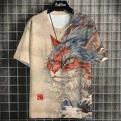 クロスボーダーファッショントレンド和風半袖メンズ3DデジタルプリントサムライキャットグラフィックTシャツ工場直販