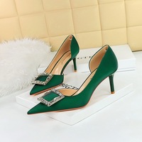 3226-AK35 European and American Versatile High Heels Women's Shoes Thin Heels High Heels Shallow Notched Side Hollow Metal Buckle Single Shoes