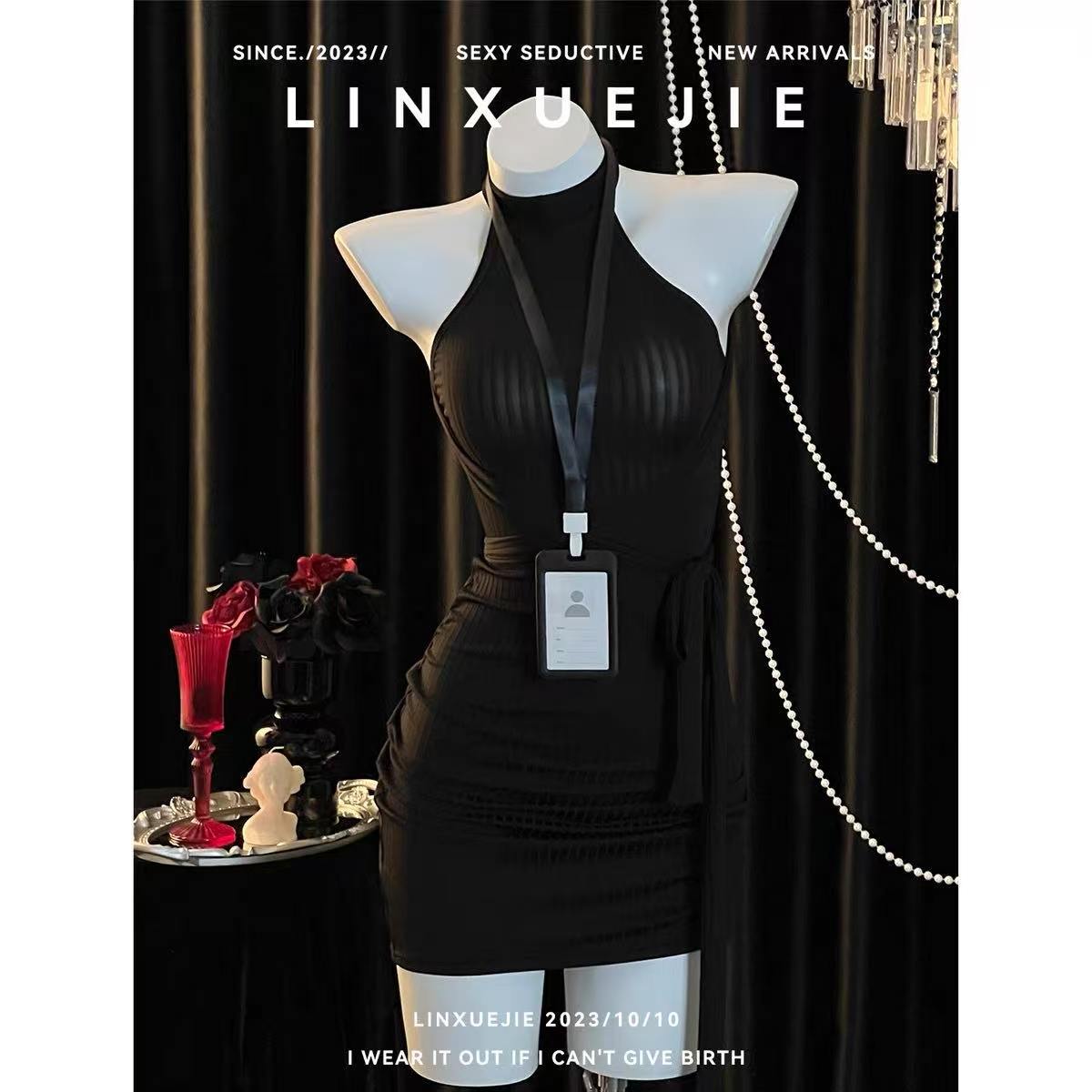 Sleeveless Halter Neck Maid Bodycon Dress, White Polyester Secretary Roleplay Lingerie — detail image 4