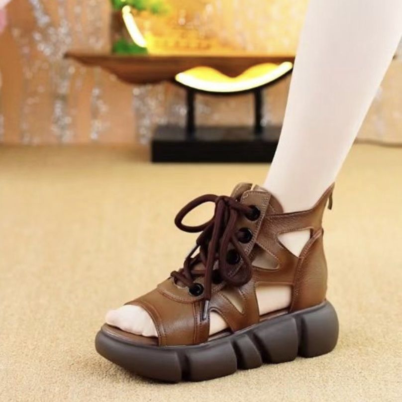 Botas de alta altura mujeres hueco transpirable 2024 nuevo verano anti-deslizante botas de boca de pez bolsas tacones sandalias romanas retro