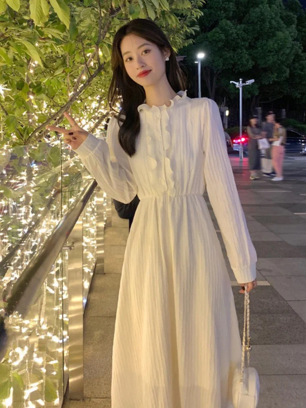 法式茶歇蕾丝连衣裙女秋装2025年新款木耳边立领长裙甜美减龄裙子|undefined
