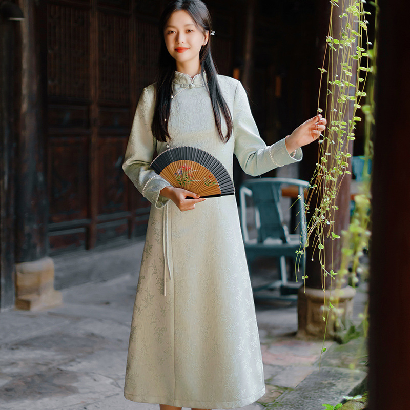 新中式文艺复古清欢改良旗袍连衣裙秋冬少女2024加绒加厚日常茶服