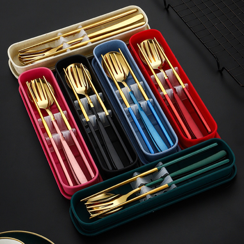 Stainless Steel Chopsticks, Spoon, and Fork Set Korean-Style Portable Tableware Camping Outdoor Gift Student Tableware Three-Piece Set Stainless Steel Chopsticks, Spoon, and Fork Set Korean-Style Portable Tableware Camping Outdoor Gift Student Tableware Three-Piece Set