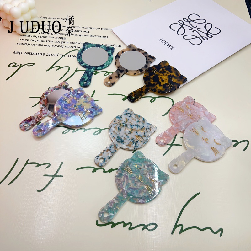 アセテートプレート高級化粧鏡、気質、かわいい猫ハンドヘルドミラー、ポータブルハンドルミラー、化粧鏡|undefined