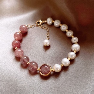 Natural Pearl Strawberry Crystal Bracelet Women's Transporter Hook Peach Blossom Pink Crystal Bracelet ins Niche Design Girlfriend Gift