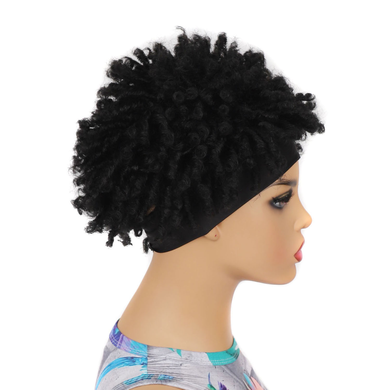 Perucă sintetică neagră scurtă, cu panglică de gheață explozivă, pufoasă, creță, cu bandă de susținere_voghion.com