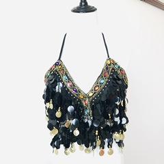 New Abaya Bra Top Belly Dance Top with Colorful Diamond Bra and Copper Gongs Pendant Dress for Women