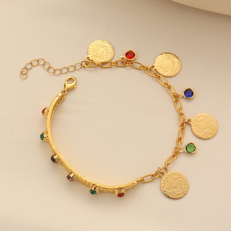 Cross-Border Gold-Plated Coin Inlaid Zircon Bracelet with Colorful Beads and Tassels, Dubai Light Luxury High-End Exquisite Bracelet