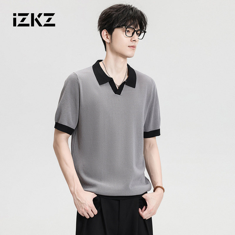 Izkz American Style Contrasting Color Lapel Short-Sleeved Polo Shirt for Men 2026 Spring and Summer Work Clothing Casual Breathable T-Shirt Top