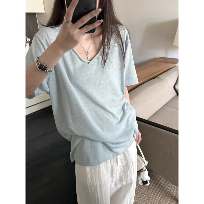 Mint-Colored Relaxed Snowflake Texture Rolled-Edge V-Neck Short-Sleeve Women's Summer Faux Linen Breathable Loose Casual T-Shirt