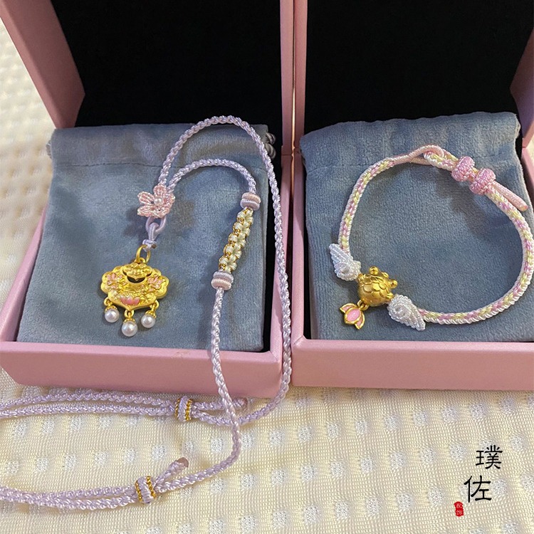 金店同款粉金錦鯉如意花牌鎖包蜜粉錦鯉啵啵魚項鍊毛衣鏈手鍊配飾