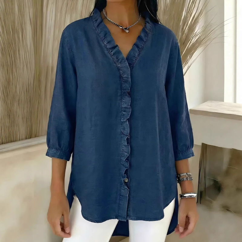 2026 Spring New Product Cross-Border Amazon European and American Cross-Border Women's Casual Imitation Denim V-Neck Ruffled Shirt